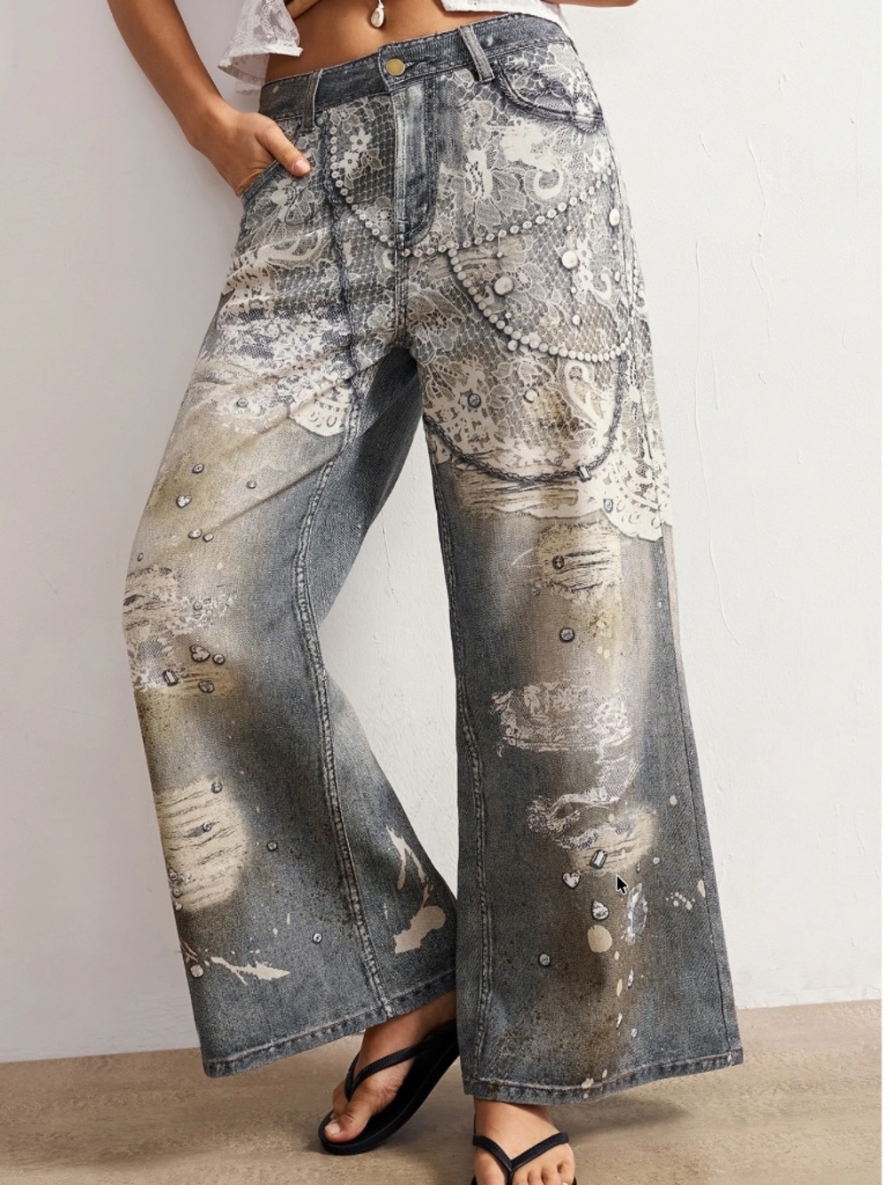 Western Floral lace Pearl Distressed Print Wide Leg Cotton Jeans Pants